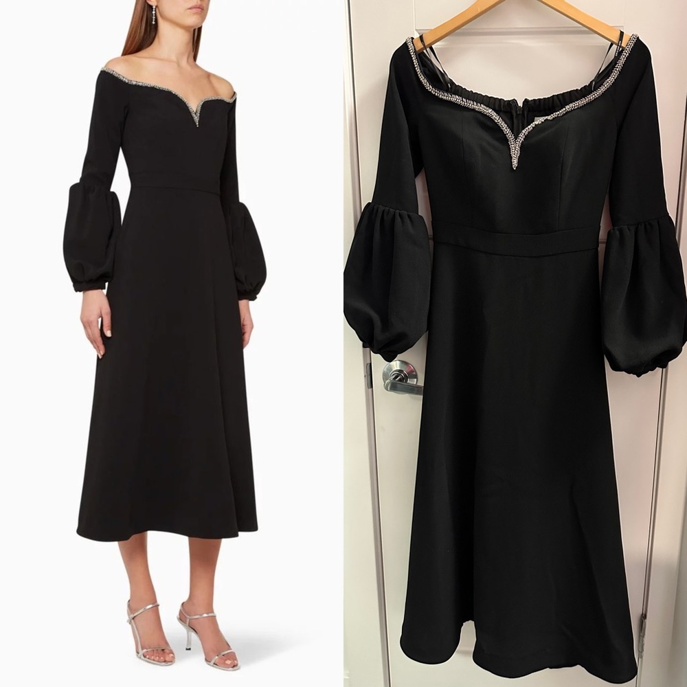 NWT Self-Portrait Black Puff-Sleeve Crepe Midi Dress